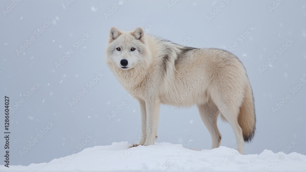 Obraz premium A majestic white wolf stands on a snowy peak, gazing directly at the camera.