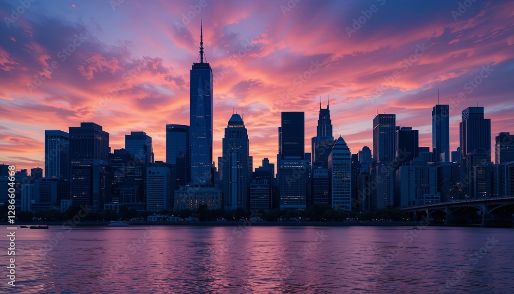 Fototapeta premium Sunset skyline view new york city gigapixel cgi image urban landscape serene atmosphere