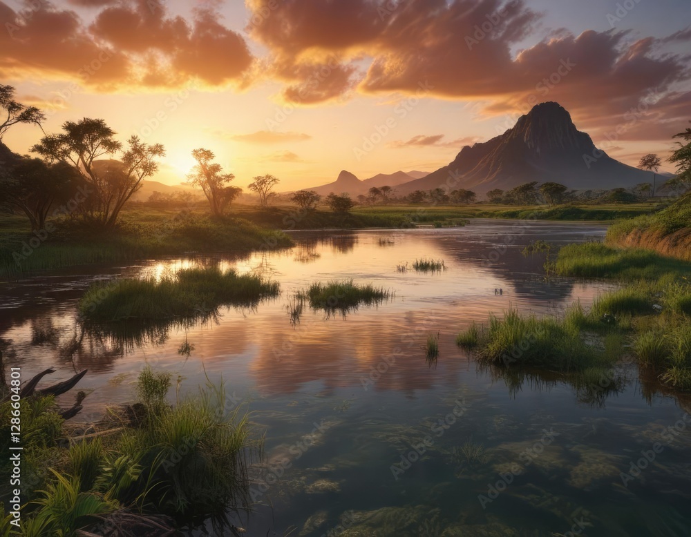 Vista de un paisaje con llanos orientales de Arauquita y el río Arauca al fondo, iluminado por el atardecer, sunset, hill Vista de un paisaje con llanos orientales de Arauquita y el río Arauca al fondo, iluminado por el atardecer, sunset, hill
