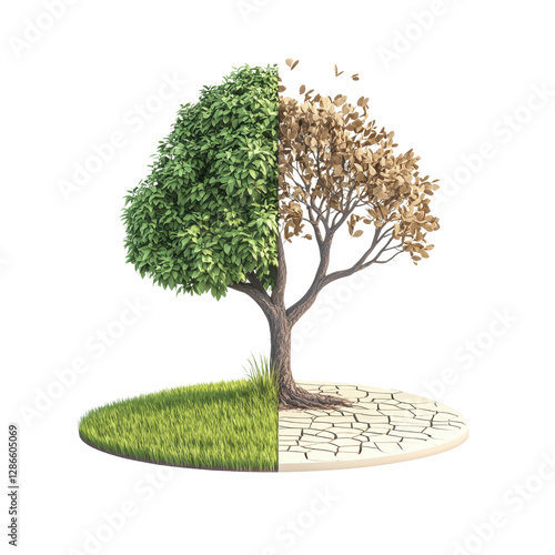 A tree divided into two halves: one side lush and green, the other dry and barren, symbolizing contrasting states of nature.