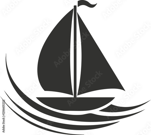 Black and white sailboat icon with waves and flag.