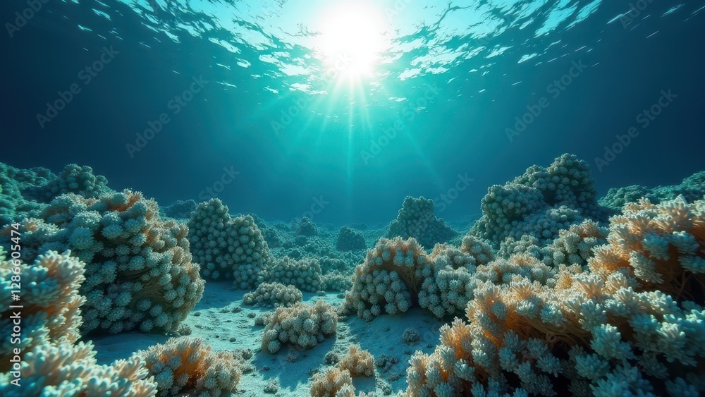 custom made wallpaper toronto digitalUnderwater view of bleached coral reef with flat coral formations and sun rays filtering through