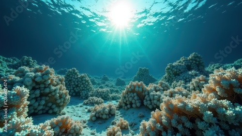 Wallpaper Mural Underwater view of bleached coral reef with flat coral formations and sun rays filtering through	 Torontodigital.ca