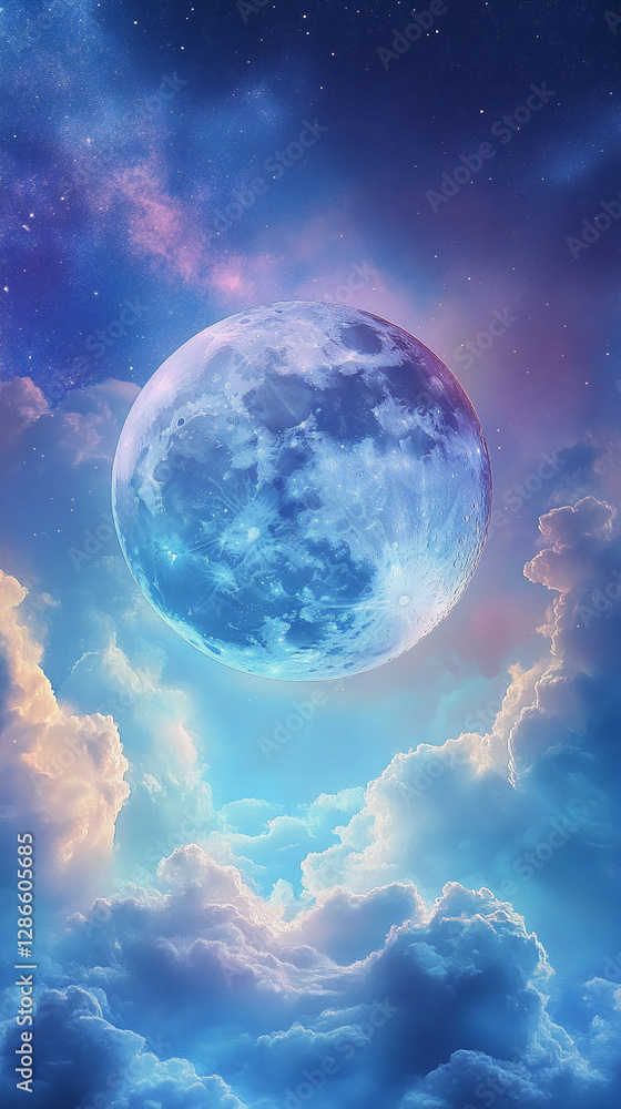 Obraz premium Large glowing moon in a mystical sky surrounded by soft clouds with a cosmic background, symbolizing the beauty of the night sky and the mysteries of the universe