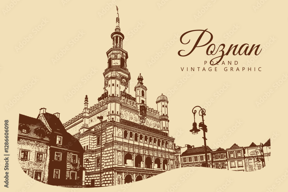 Fototapeta premium City ancient architecture, Poznan, Poland. Vintage brown and beige graphics, engraved, vector. Old retro design.