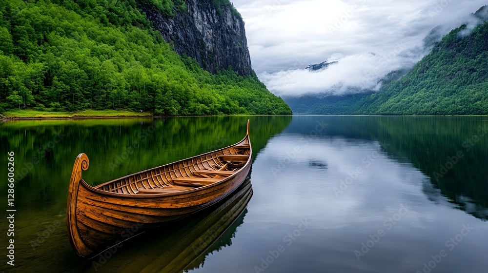 Obraz premium Serene Wooden Boat on Calm Lake Surrounded by Lush Greenery