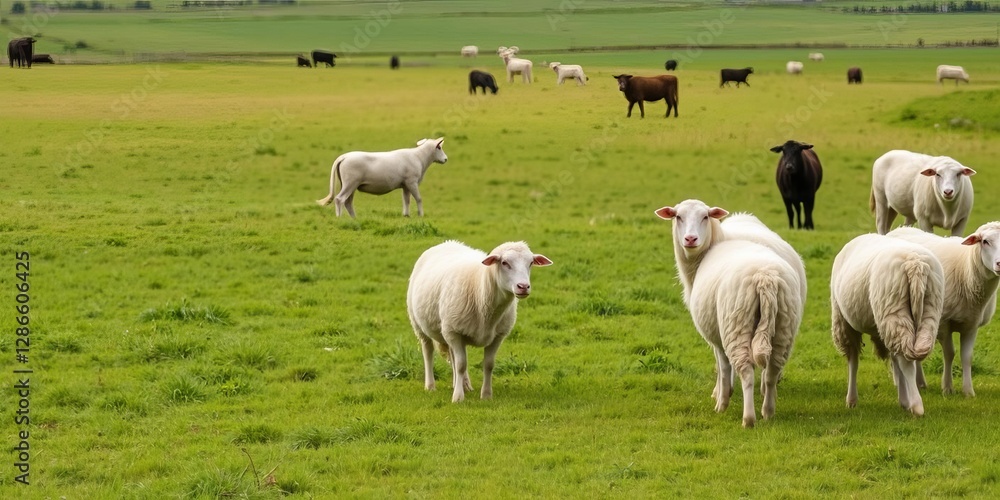 Lush green pastures of a New Zealand farm with sheep and cows grazing, pasture, sheep, livestock Lush green pastures of a New Zealand farm with sheep and cows grazing, pasture, sheep, livestock