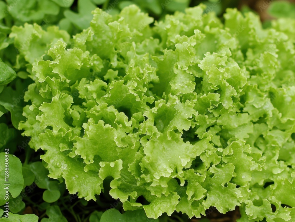 Fresh green lettuce leaves in a garden setting. Fresh green lettuce leaves in a garden setting.