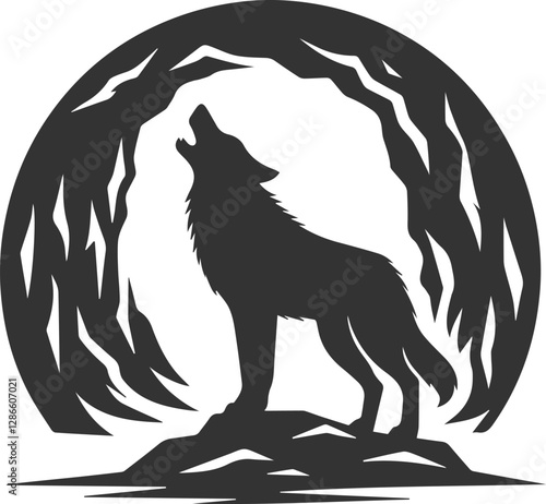 A wolf howling inside a cave entrance animal vector silhouette