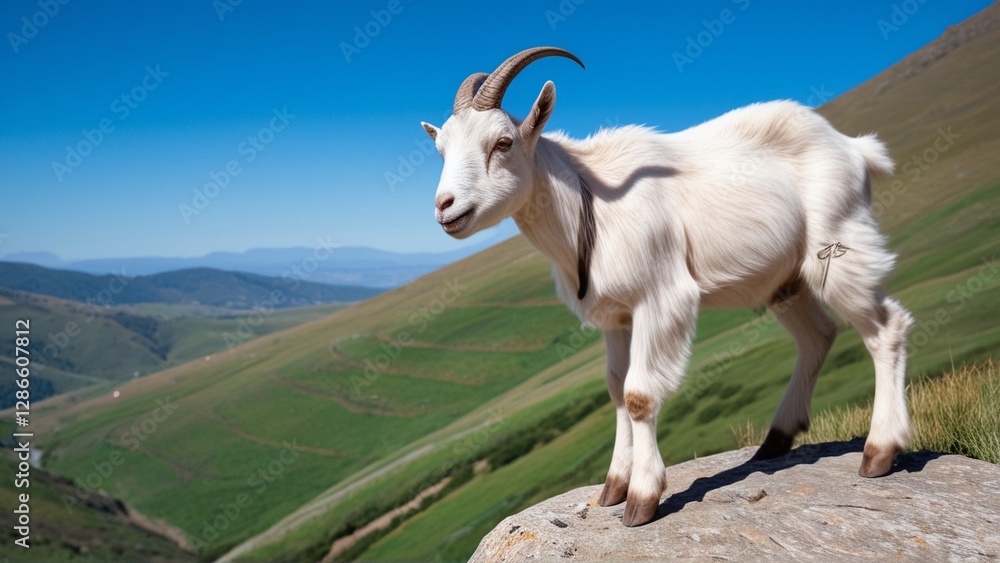 Fototapeta premium A white goat stands on a rocky outcrop, overlooking lush green hills and a clear blue sky.