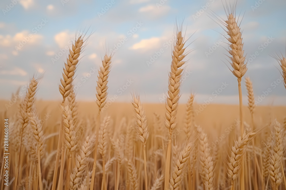 Golden Wheat Field: A serene field of ripe golden wheat stretches toward the horizon under a soft, partly cloudy sky, symbolizing abundance and harvest. Golden Wheat Field: A serene field of ripe golden wheat stretches toward the horizon under a soft, partly cloudy sky, symbolizing abundance and harvest.