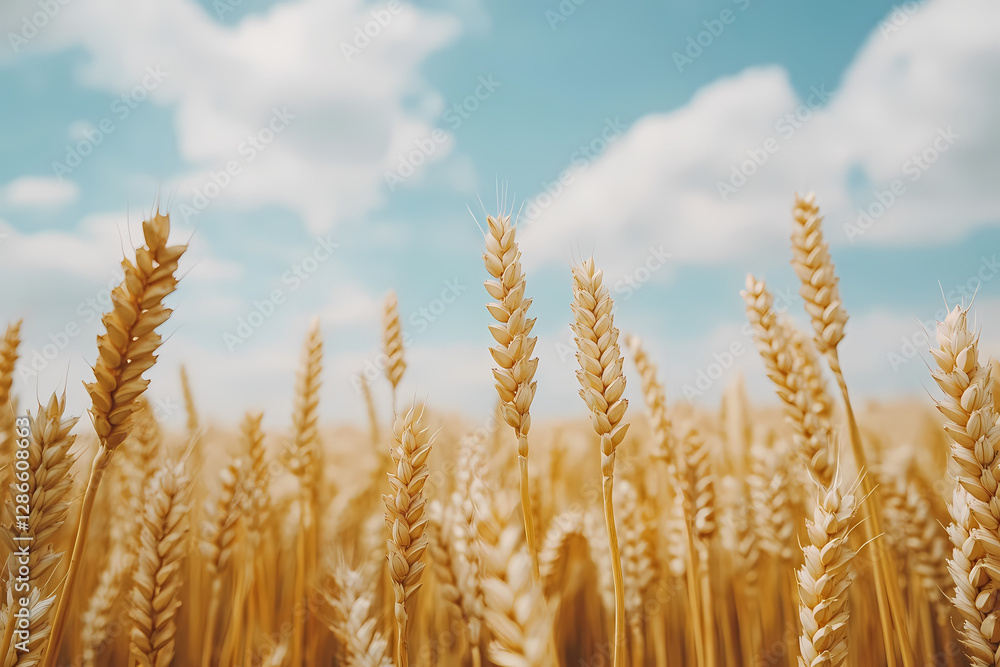 Golden Grain Field Under Blue Sky: Close-up shot of ripe wheat against a backdrop of a vibrant blue sky with fluffy clouds, capturing the essence of the harvest season. Golden Grain Field Under Blue Sky: Close-up shot of ripe wheat against a backdrop of a vibrant blue sky with fluffy clouds, capturing the essence of the harvest season.