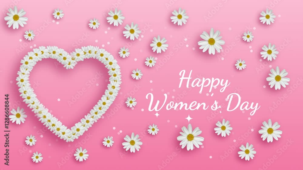 Happy women's day celebration animation or scene opener with white flowers in heart shape against a pink gradient background, concepts, ideas, 4k Happy women's day celebration animation or scene opener with white flowers in heart shape against a pink gradient background, concepts, ideas, 4k
