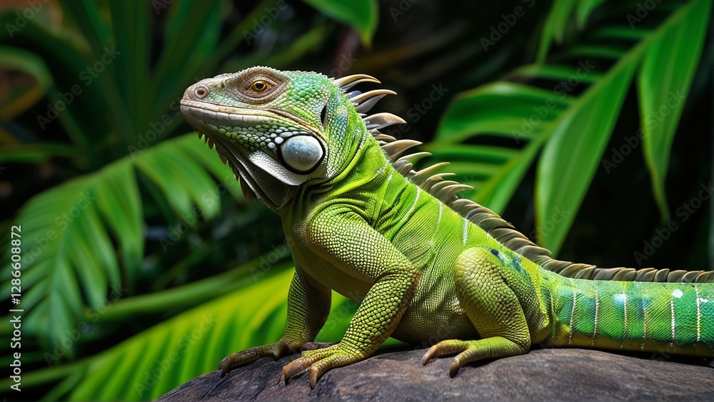 Fototapeta premium A vibrant green iguana sits atop a rock, surrounded by lush tropical foliage.