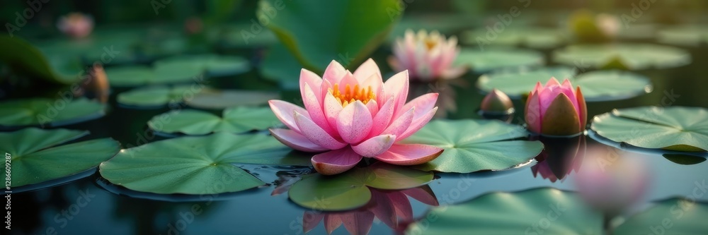 Water lily pad with water lilies and lotus flowers surrounding it, serene landscape, lake scenery, calming environment Water lily pad with water lilies and lotus flowers surrounding it, serene landscape, lake scenery, calming environment