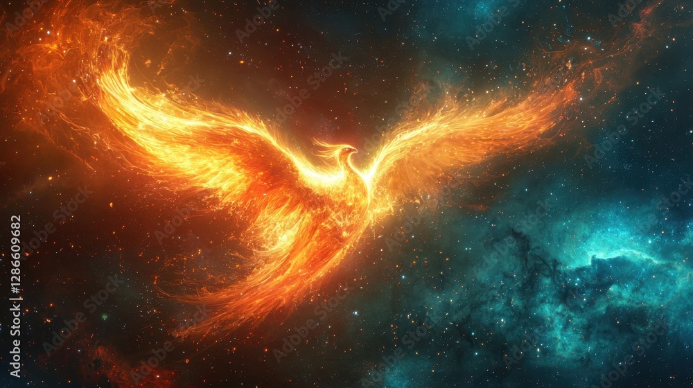 Obraz premium A celestial phoenix made of glowing nebula gas spreads its wings, illuminating the void