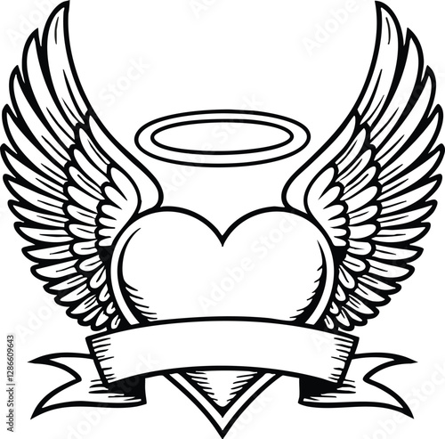 Vector Halo Winged Heart Tattoo Style Illustration Typography. With Custom text Banner Ribbon and angel wings.