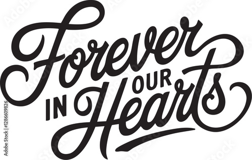 In Loving Memory and Forever in Our Hearts Text Type Font. Vector Halo Winged Heart Tattoo Style Illustration Typography. With Custom text Banner Ribbon.