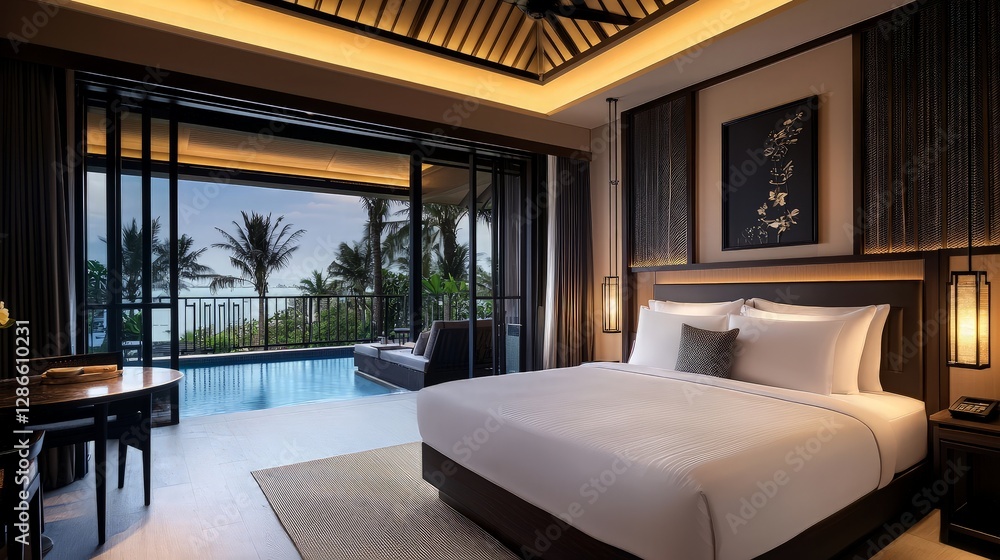 Fototapeta premium Luxury beachfront villa suite bedroom, ocean view, private pool
