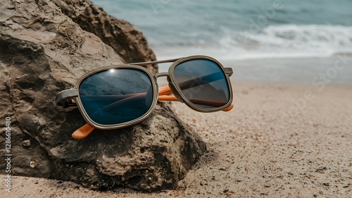 Wallpaper Mural A Pair of Stylish Sunglasses is Elegantly Resting on a Smooth Rock, Beautifully Situated by the Scenic Shoreline of a Sunny Beach Torontodigital.ca