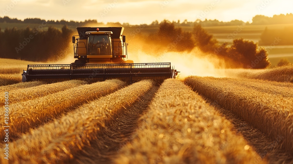 Obraz premium 91. A farmer driving a combine harvester through a field of wheat during the harvest season