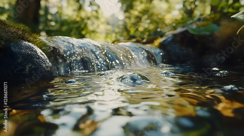 Clear water flows over rocks in the forest streamside photo