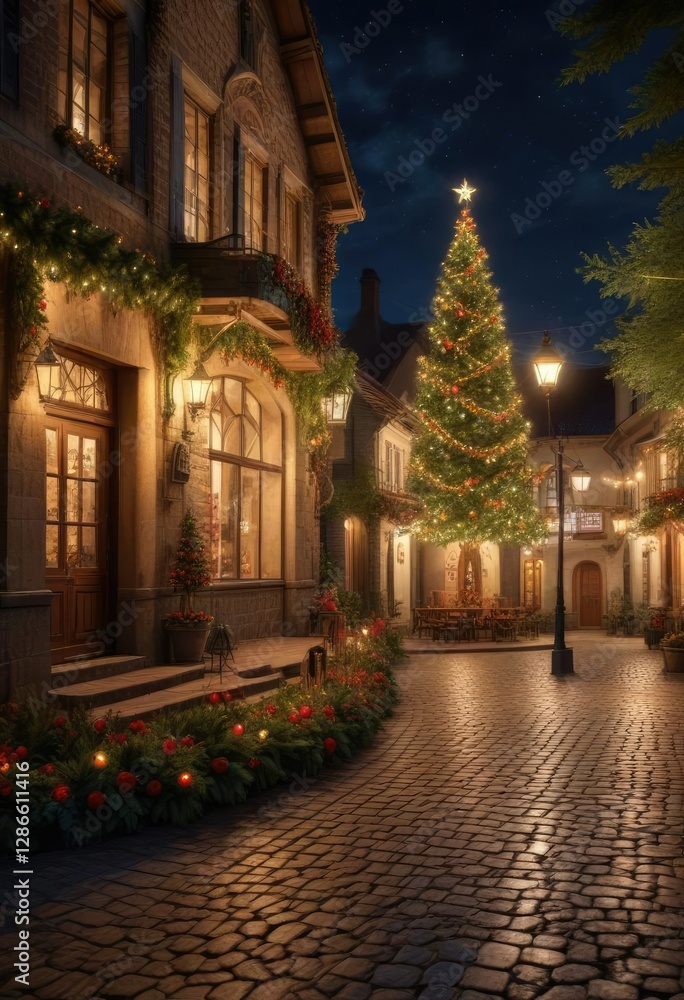 Fototapeta premium Village square at night with festive decorations and a Christmas tree, tree, decorations, village