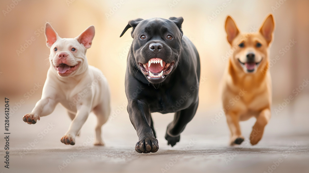Obraz premium Happy dogs running together in playful manner, showcasing their energy and joy. black Cane Corso leads pack, with French Bulldog and mixed breed dog following closely behind