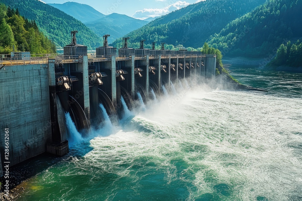 A hydroelectric dam with water rushing through turbines. A hydroelectric dam with water rushing through turbines.