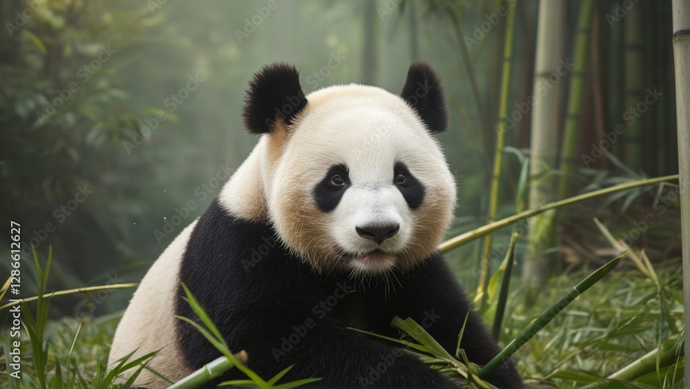 Fototapeta premium A giant panda sits amidst lush bamboo, gazing directly at the camera.