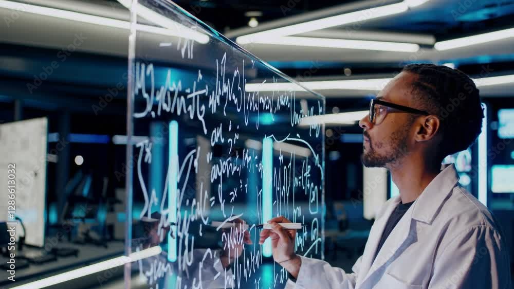 Unraveling Equations: A focused scientist in a modern laboratory, immersed in complex calculations on a transparent surface, representing innovation and scientific pursuit. Unraveling Equations: A focused scientist in a modern laboratory, immersed in complex calculations on a transparent surface, representing innovation and scientific pursuit.