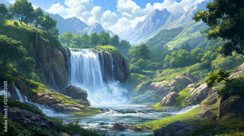 Waterfall cascade at beautiful nature cartoon panoramic landscape. River stream flowing from rocks and fall to creek or lake with green hills and trees around. Wild summer area, Vector illustration