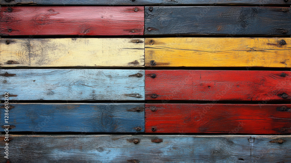 Colorful wooden planks in red, yellow, blue, and natural tones create vibrant texture Colorful wooden planks in red, yellow, blue, and natural tones create vibrant texture