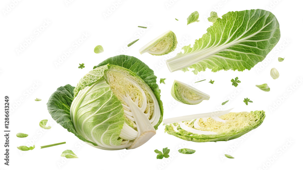 Obraz premium Flying Napa Cabbage Pieces Isolated on Transparent Background, Food Photography, Vegetable Composition, Napa Cabbage, Vegetables, Food