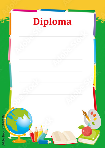 Kids diploma template with colorful pencils and school supplies. Vector illustration