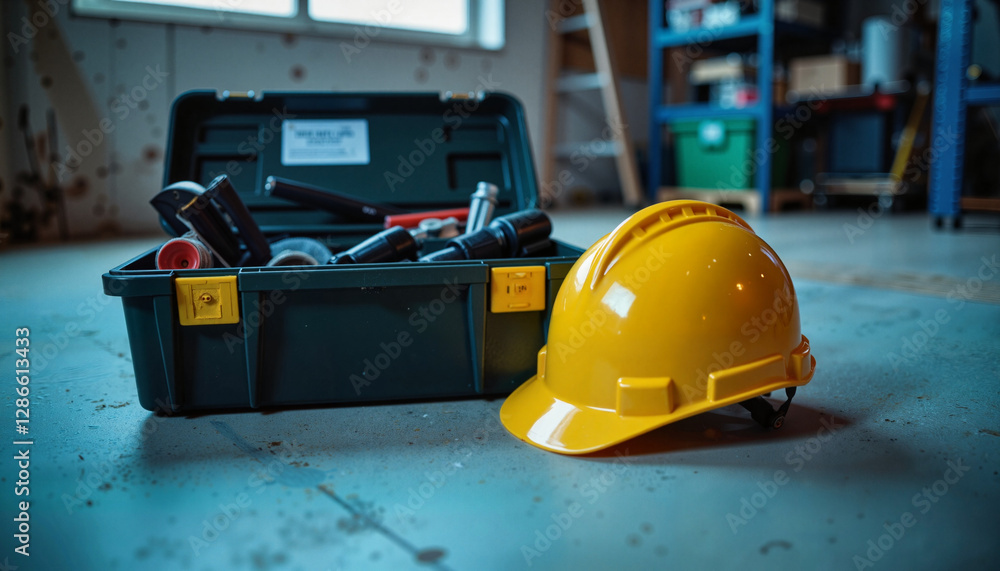 Yellow hard hat and toolbox on workshop floor. Yellow hard hat and toolbox on workshop floor.