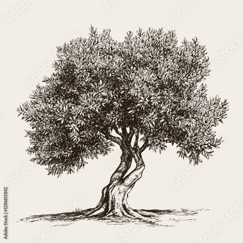 Detailed olive tree hand drawn black and white vector illustration.