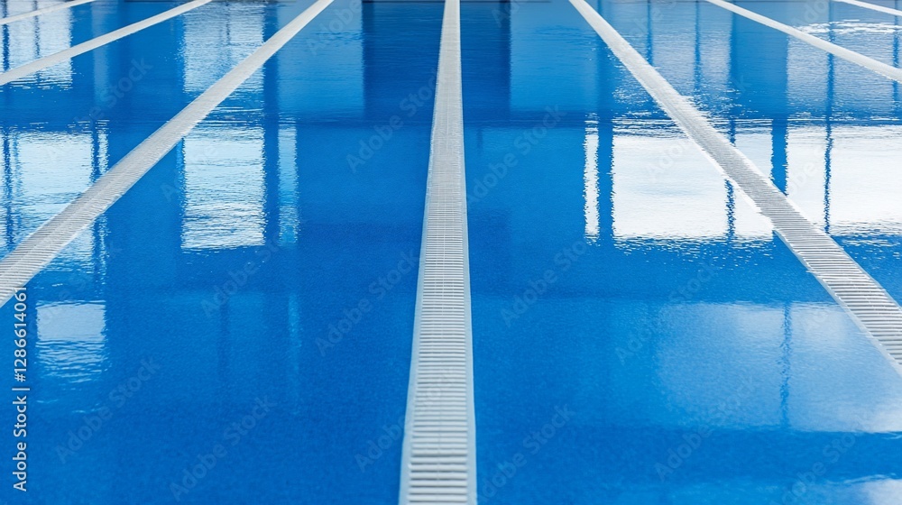 Fototapeta premium Indoor pool lanes reflecting sky; sport facility interior