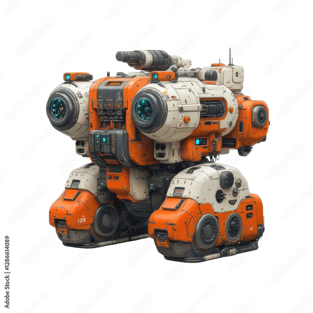 Futuristic Orange and White Mech Robot Design, Sci-Fi Military Vehicle, 3D Render Futuristic Orange and White Mech Robot Design, Sci-Fi Military Vehicle, 3D Render