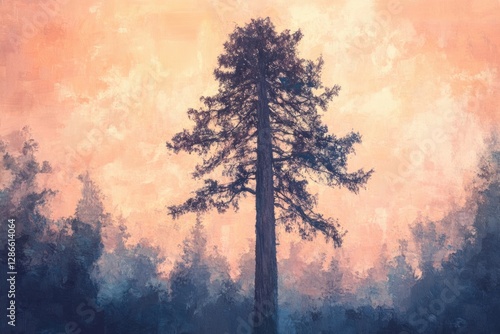 A majestic redwood stands tall amidst a misty forest at sunset, painted with impasto brushstrokes. photo