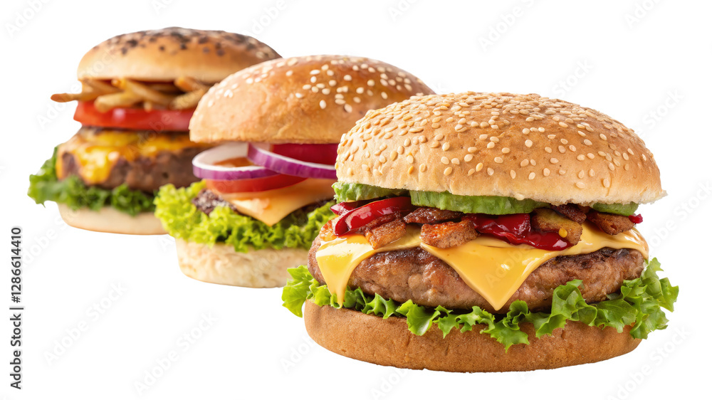 Three Delicious Cheeseburgers Composition, Isolated on Transparent Background, Fast Food, Burger, Restaurant, burger, food, cheeseburger Three Delicious Cheeseburgers Composition, Isolated on Transparent Background, Fast Food, Burger, Restaurant, burger, food, cheeseburger