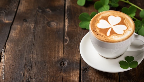 Latte with shamrock latte art and leaves on a wooden table with copy space.Saint patrick's day themed coffee.