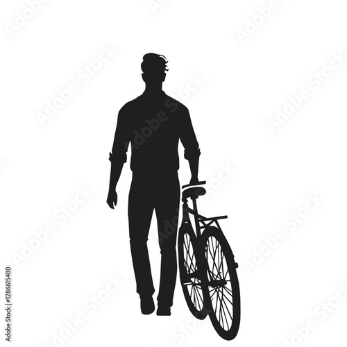 vector silhouette illustration of a male worker goes to work by bicycle back view