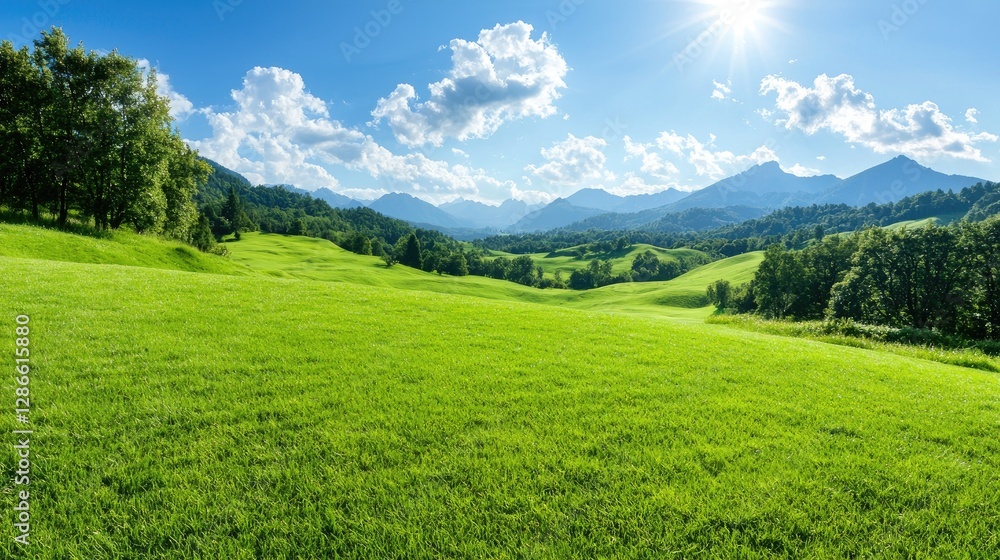 Lush green meadow, rolling hills, and mountains under a blue sky. Wide shot. Suitable for nature or travel related stock photos