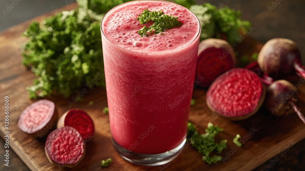 Ruby red beet smoothie on wooden board with fresh greens Ruby red beet smoothie on wooden board with fresh greens