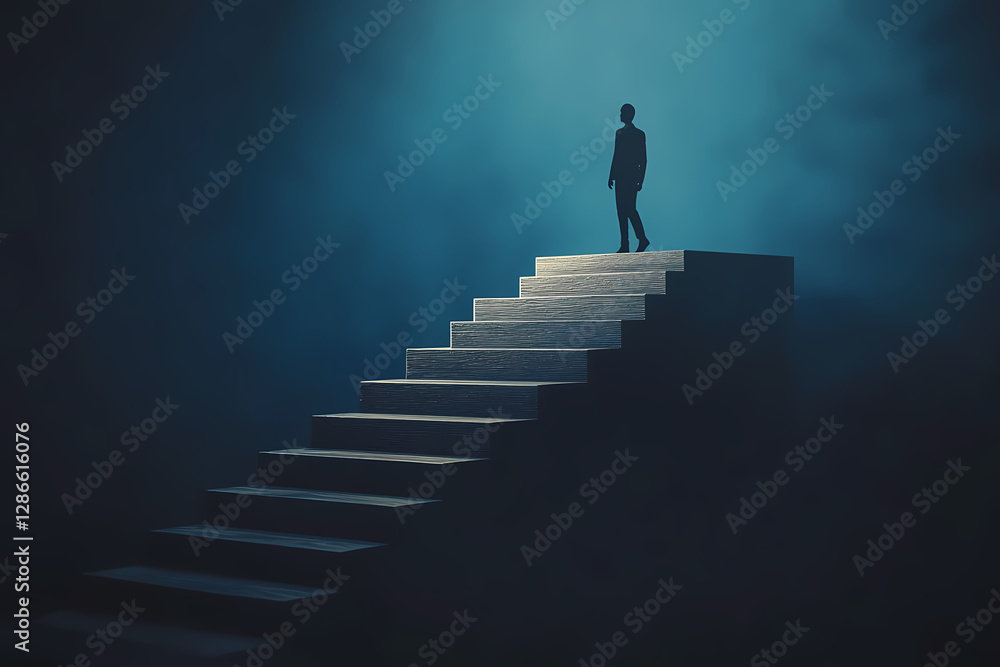 Reaching the Summit: A silhouette of a person stands atop a staircase, bathed in an ethereal glow. A symbol of aspiration and journey, it ignites contemplation on life's upward path. Reaching the Summit: A silhouette of a person stands atop a staircase, bathed in an ethereal glow. A symbol of aspiration and journey, it ignites contemplation on life's upward path.