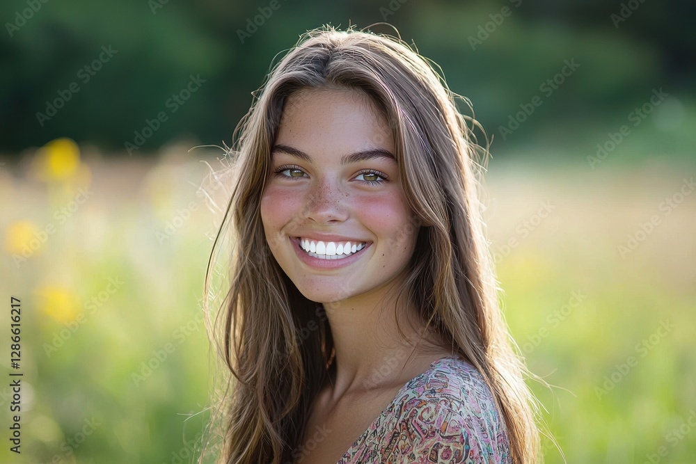 Portrait of a smiling young woman with freckles in a field, radiating joy and natural beauty, bathed in warm sunlight during a serene summer day. Portrait of a smiling young woman with freckles in a field, radiating joy and natural beauty, bathed in warm sunlight during a serene summer day.