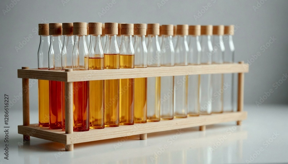 Glass bottles with cork stoppers on wooden rack Glass bottles with cork stoppers on wooden rack