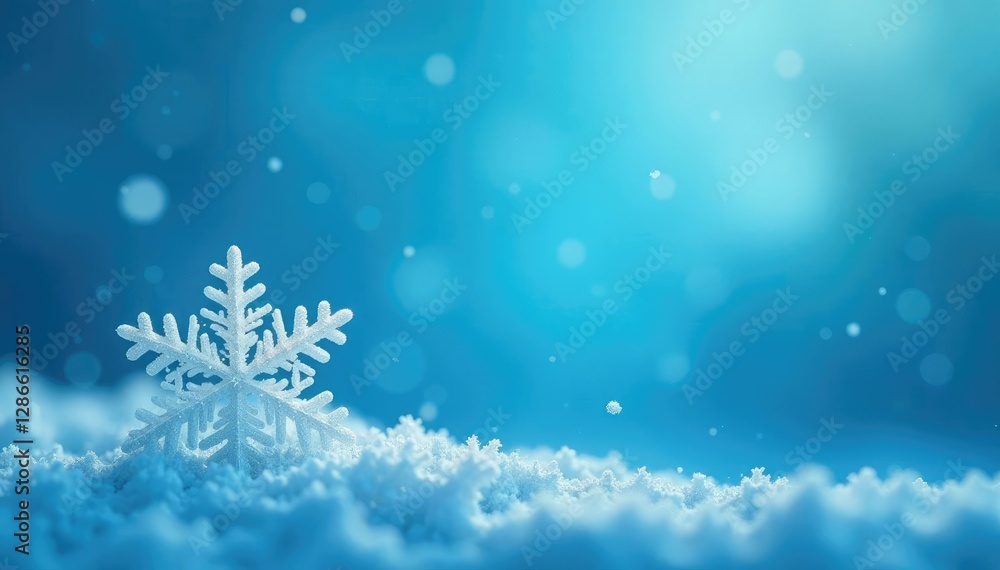 Delicate snowflake on blue background softly falls, peaceful, snowflakes Delicate snowflake on blue background softly falls, peaceful, snowflakes