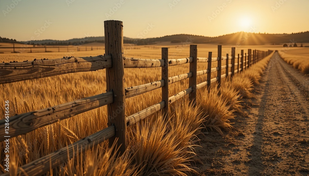 Fototapeta premium Sunset over farmland rustic fence landscape photography golden hour scenic view nature beauty